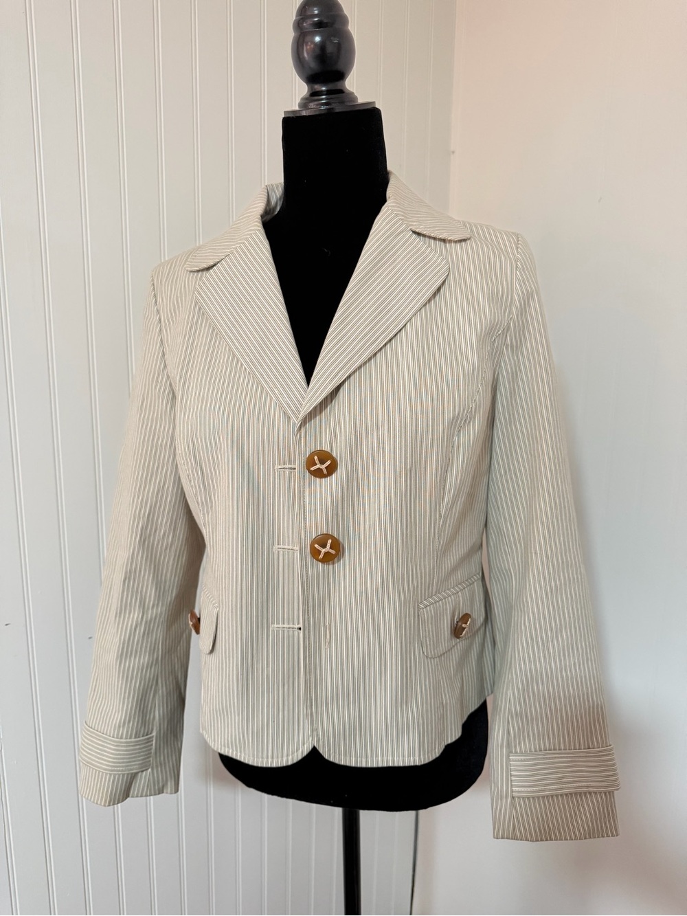 Talbots Striped Cotton Blend Blazer Jacket Rope Button Nautical Career Size 4